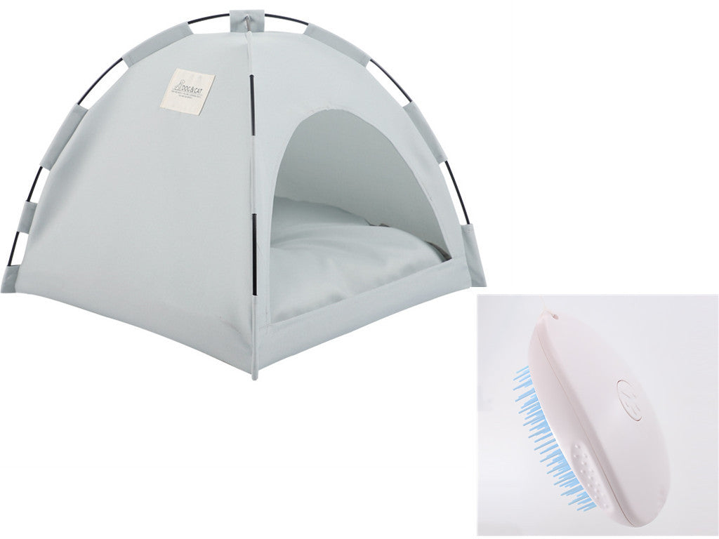 Pet tent and grooming brush on a white background