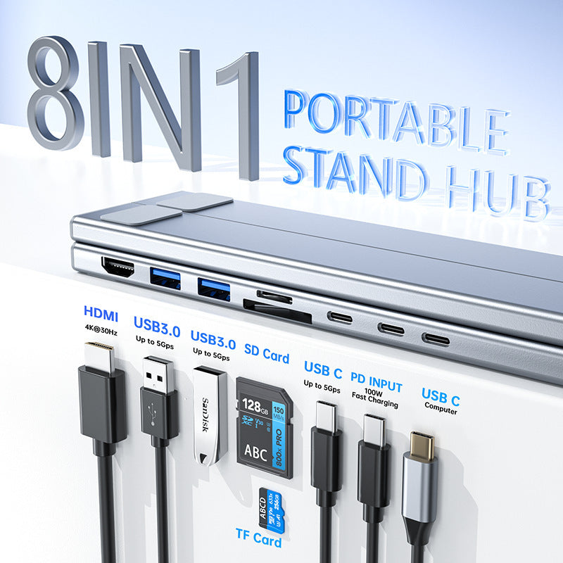 8-in-1 portable stand hub with multiple cables and connectors on a light blue background