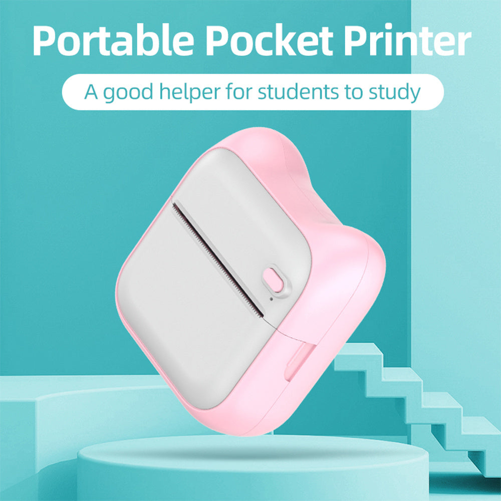 Pink portable pocket printer on a blue platform with text about being a good helper for students to study.