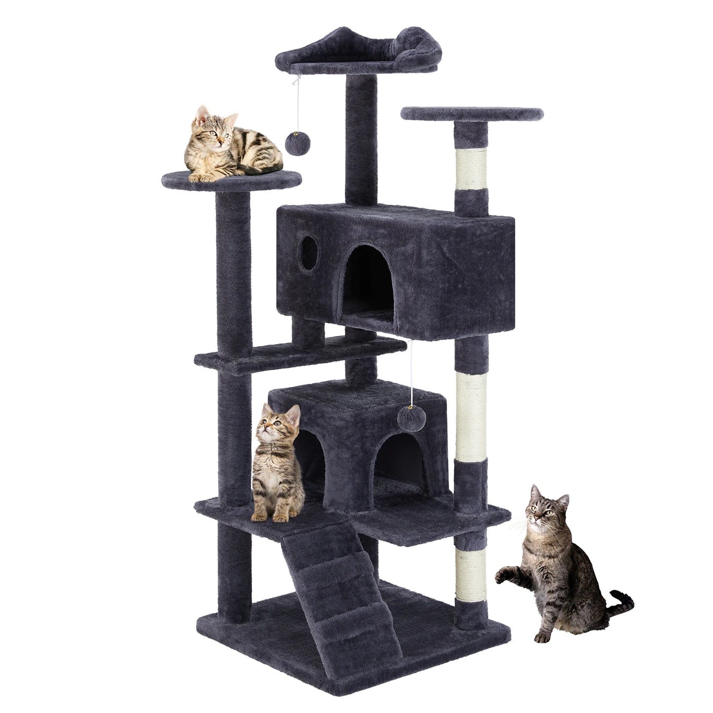 Cat tree with multiple levels and a cat sitting on the top platform.