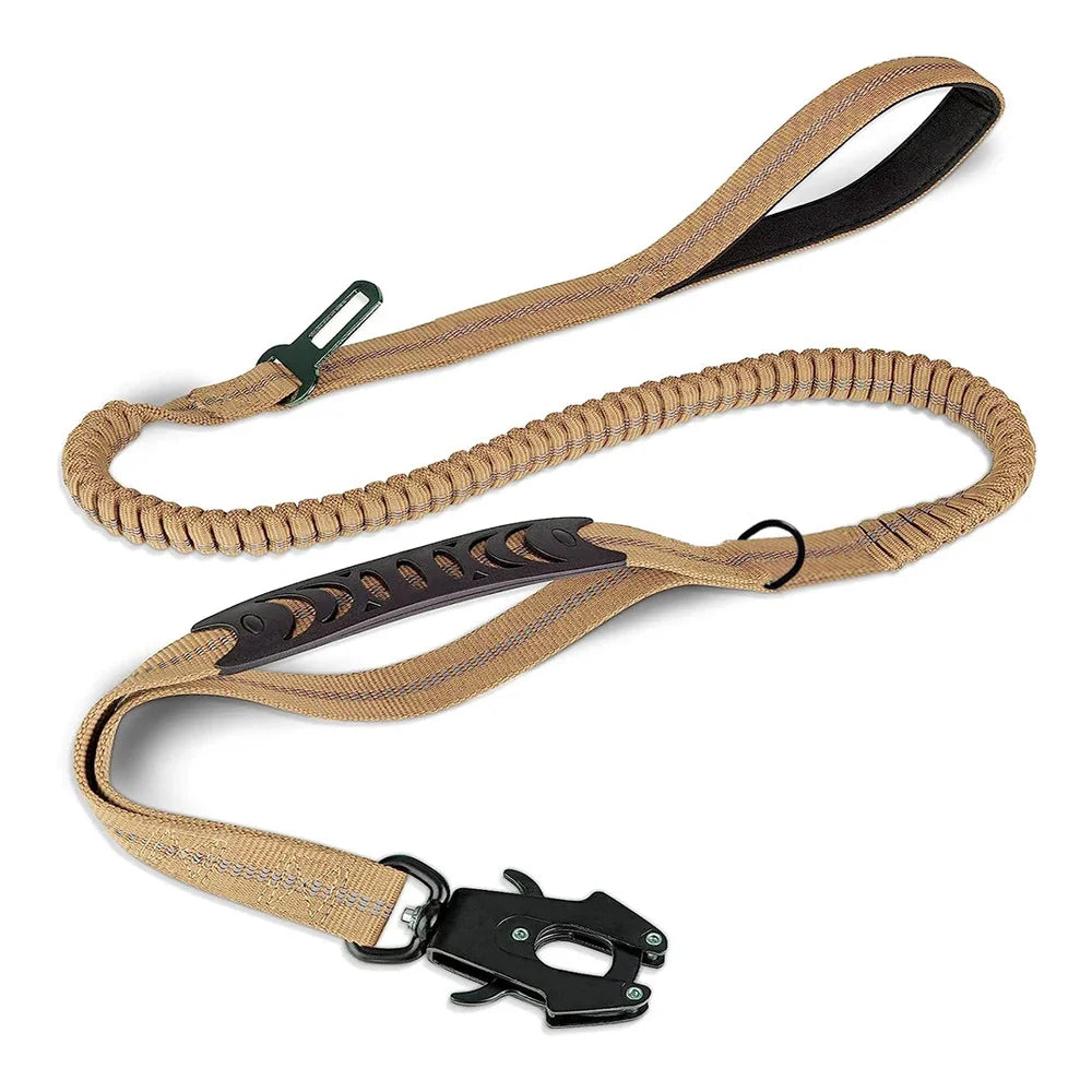 Heavy Duty Tactical Dog Leash with Bungee, Reflective Strips & Seat Belt Clips