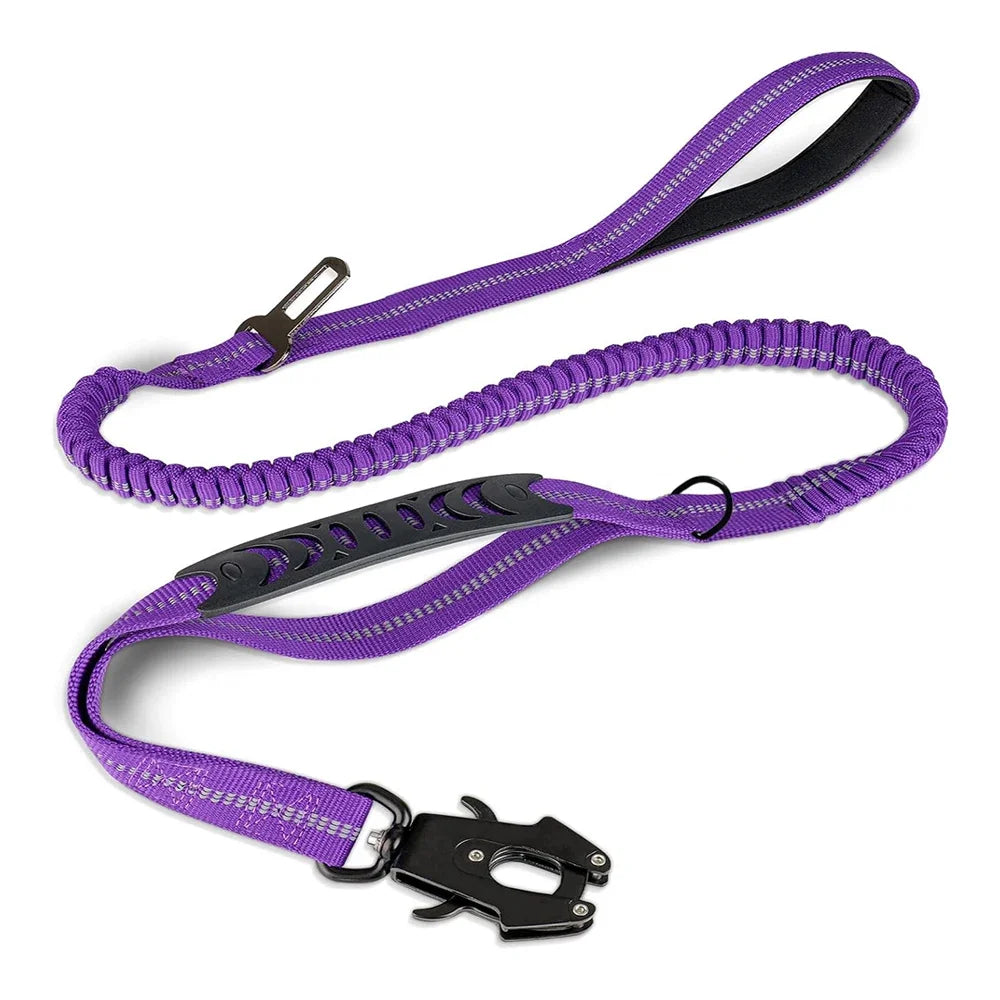 Purple dog leash with black clip on a white background
