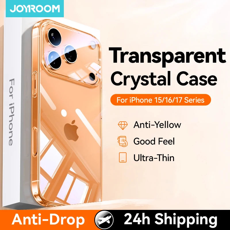 Transparent crystal case for iPhone with Joyroom branding and product features listed.