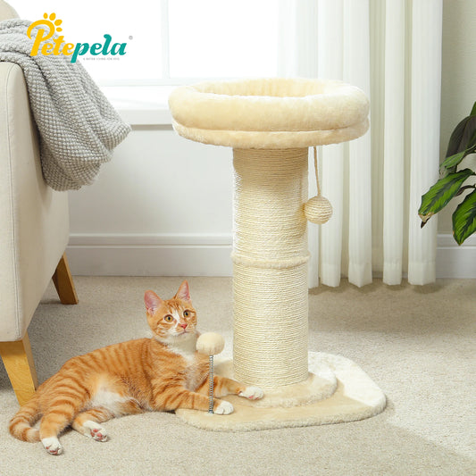 Cat sitting on a beige cat tree with 'Petepela' branding in a home setting.