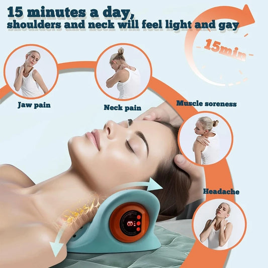 Person using a neck and shoulder massager with text indicating relief from various pains.