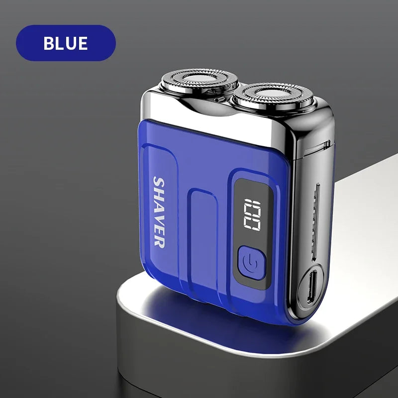 Blue shaver with digital display on a gray background