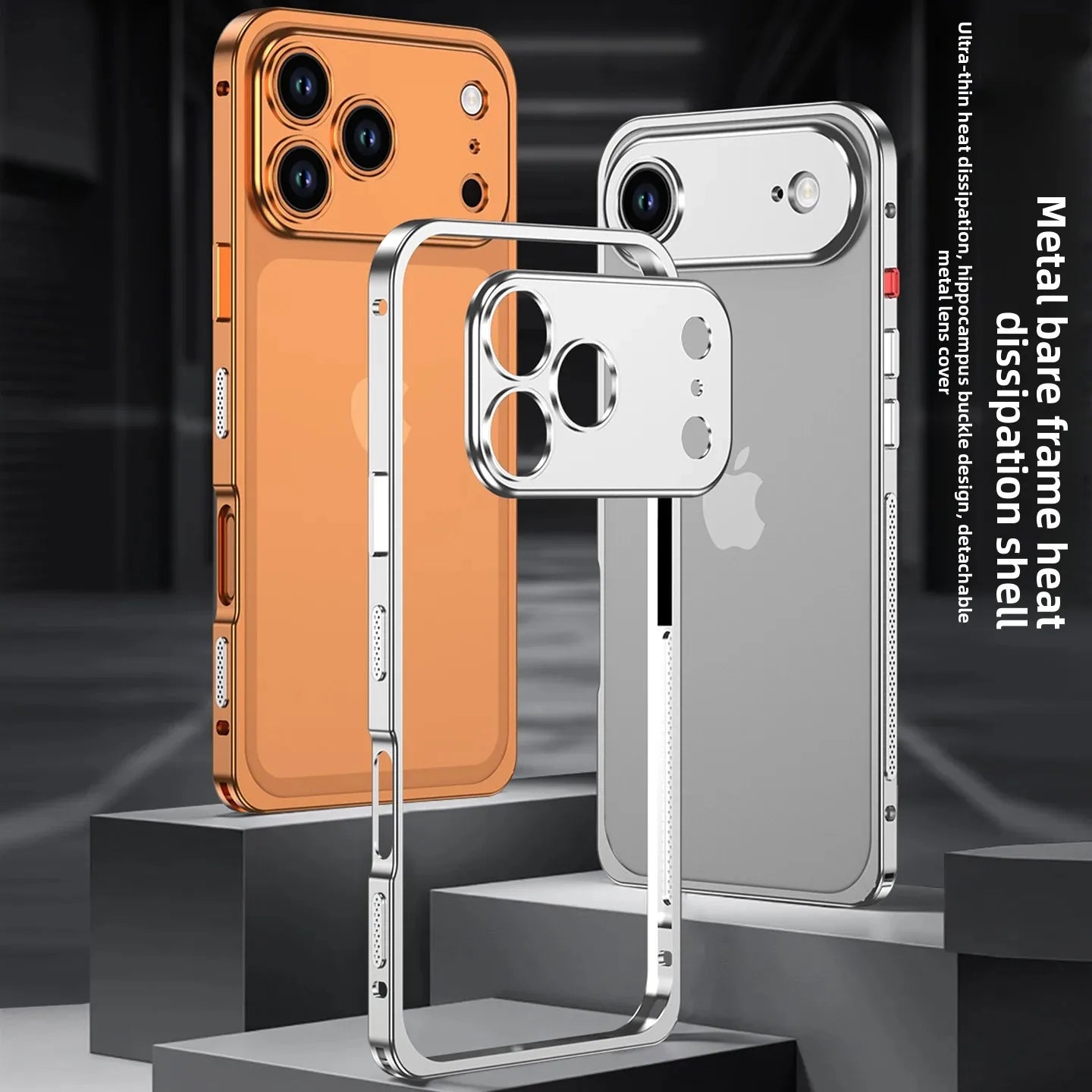 Two phone cases, one orange and one silver, on a black background with text.
