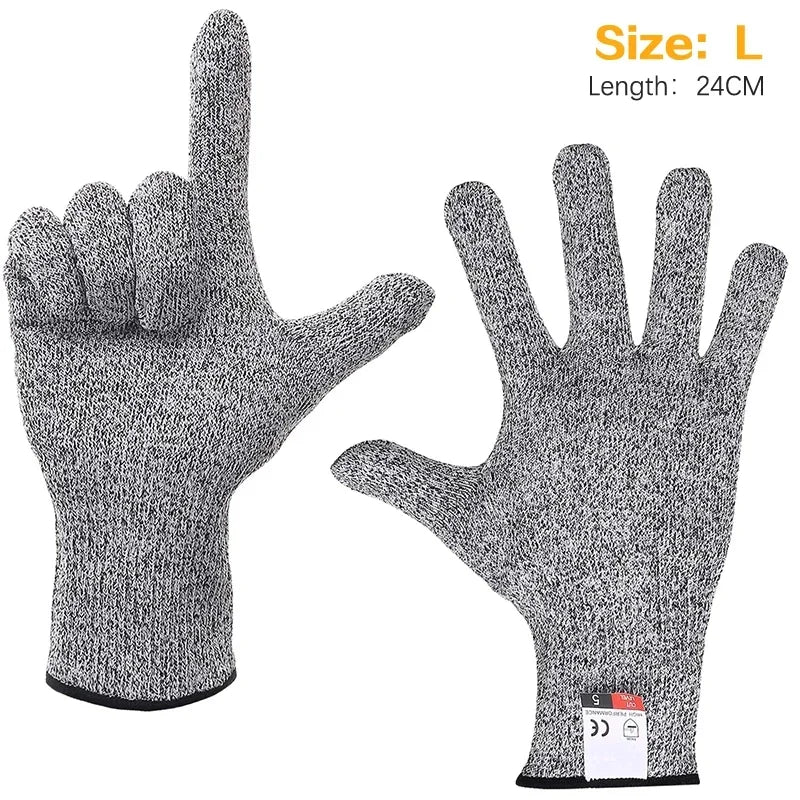 Pair of gray cut-resistant gloves on a white background with size and length information.