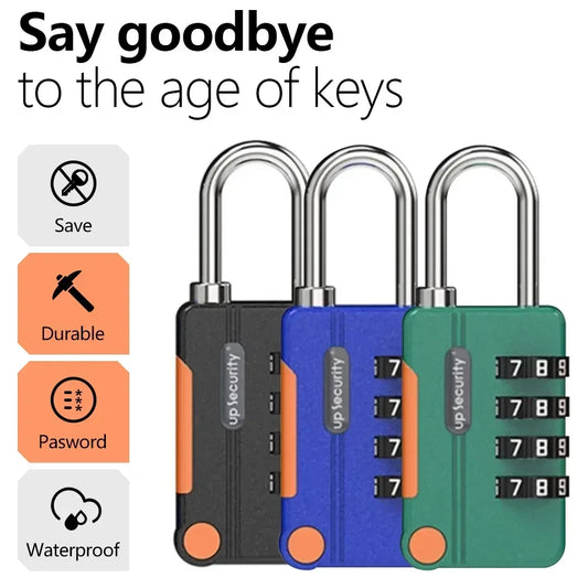 Three colorful combination locks with features listed on a white background