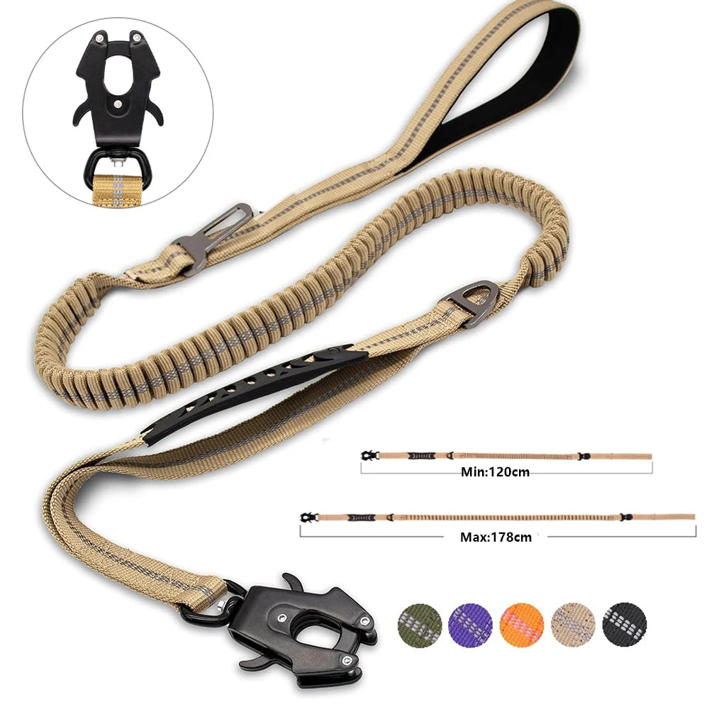 Heavy Duty Tactical Dog Leash with Bungee, Reflective Strips & Seat Belt Clips