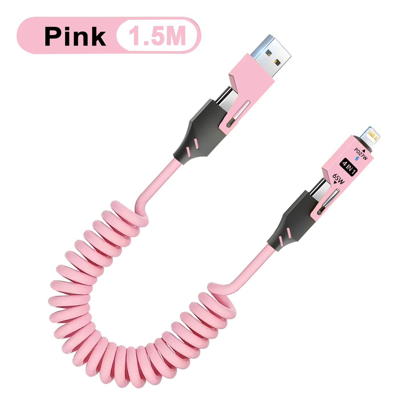 Pink coiled USB cable with multiple connectors on a white background