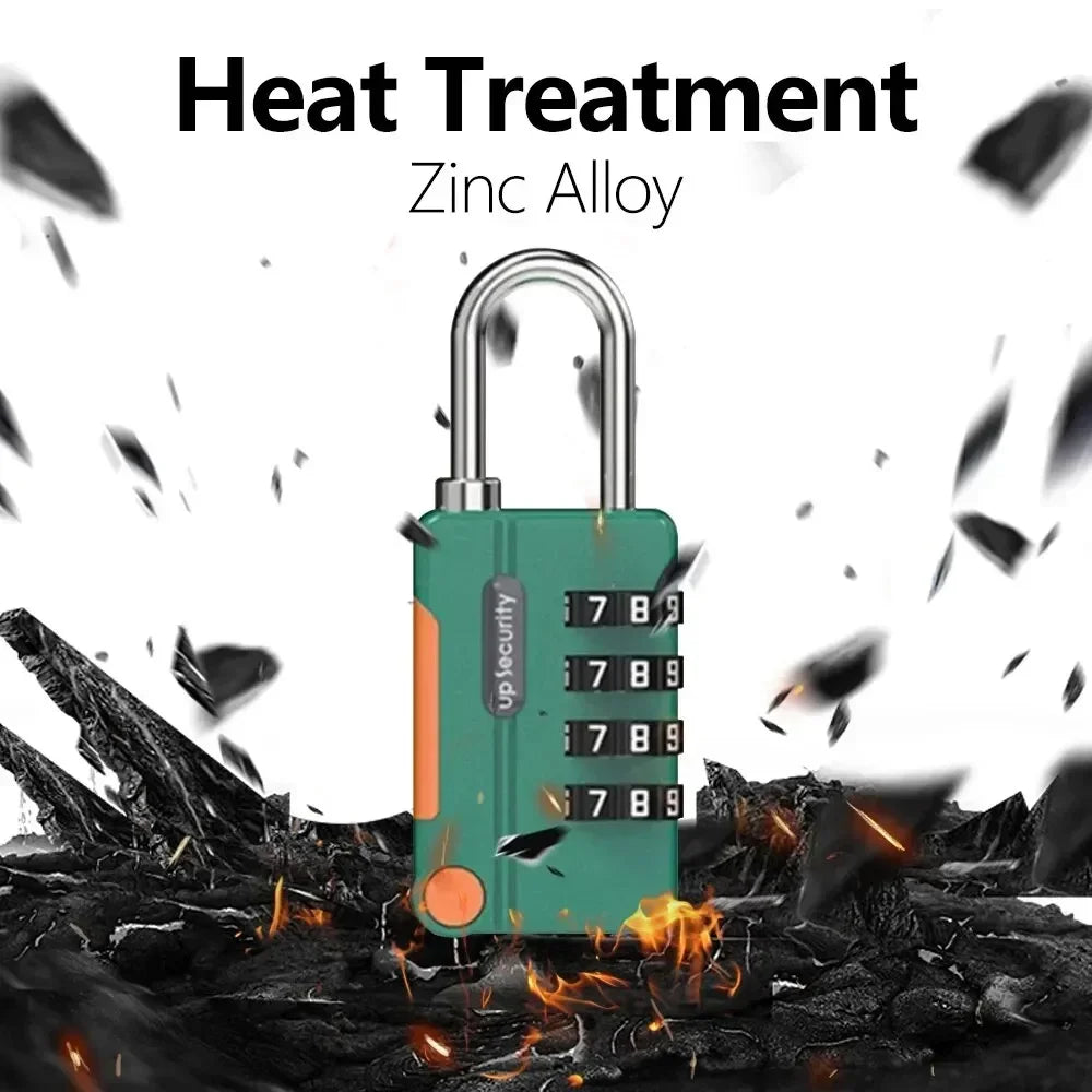Green combination lock with 'Top Security' branding on a background of heat and destruction.