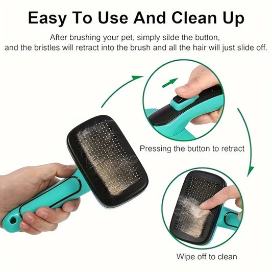 Pet grooming brush with retractable bristles, showing how to use and clean it.