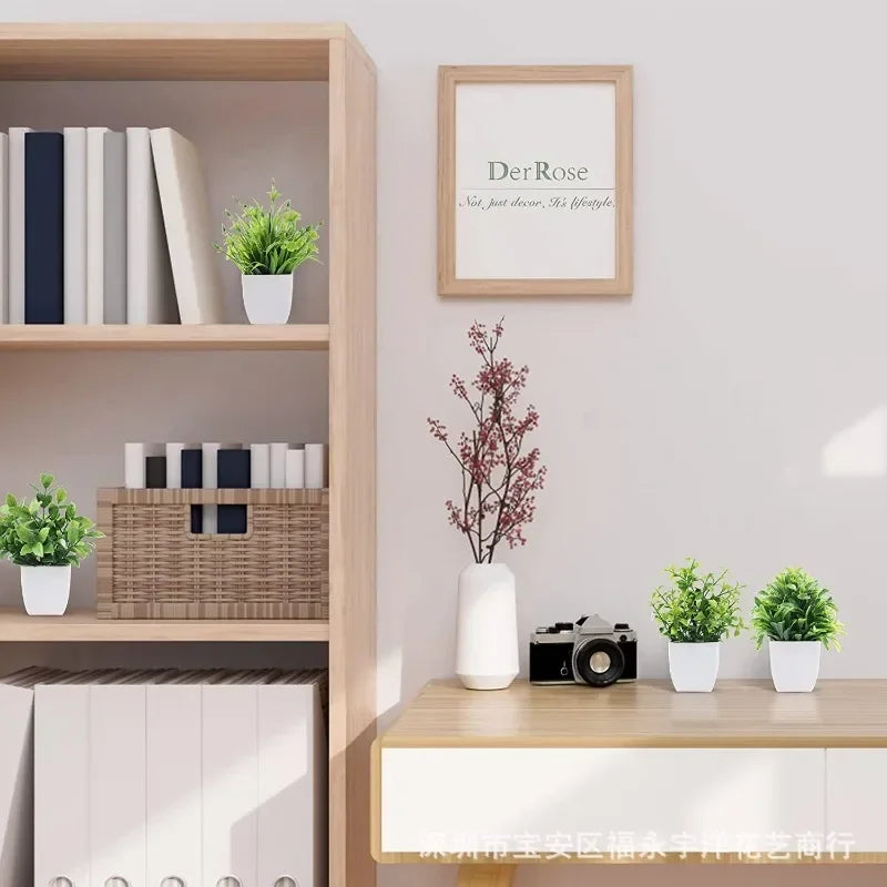 Modern interior with wooden shelves, plants, and a framed picture on a light gray wall.