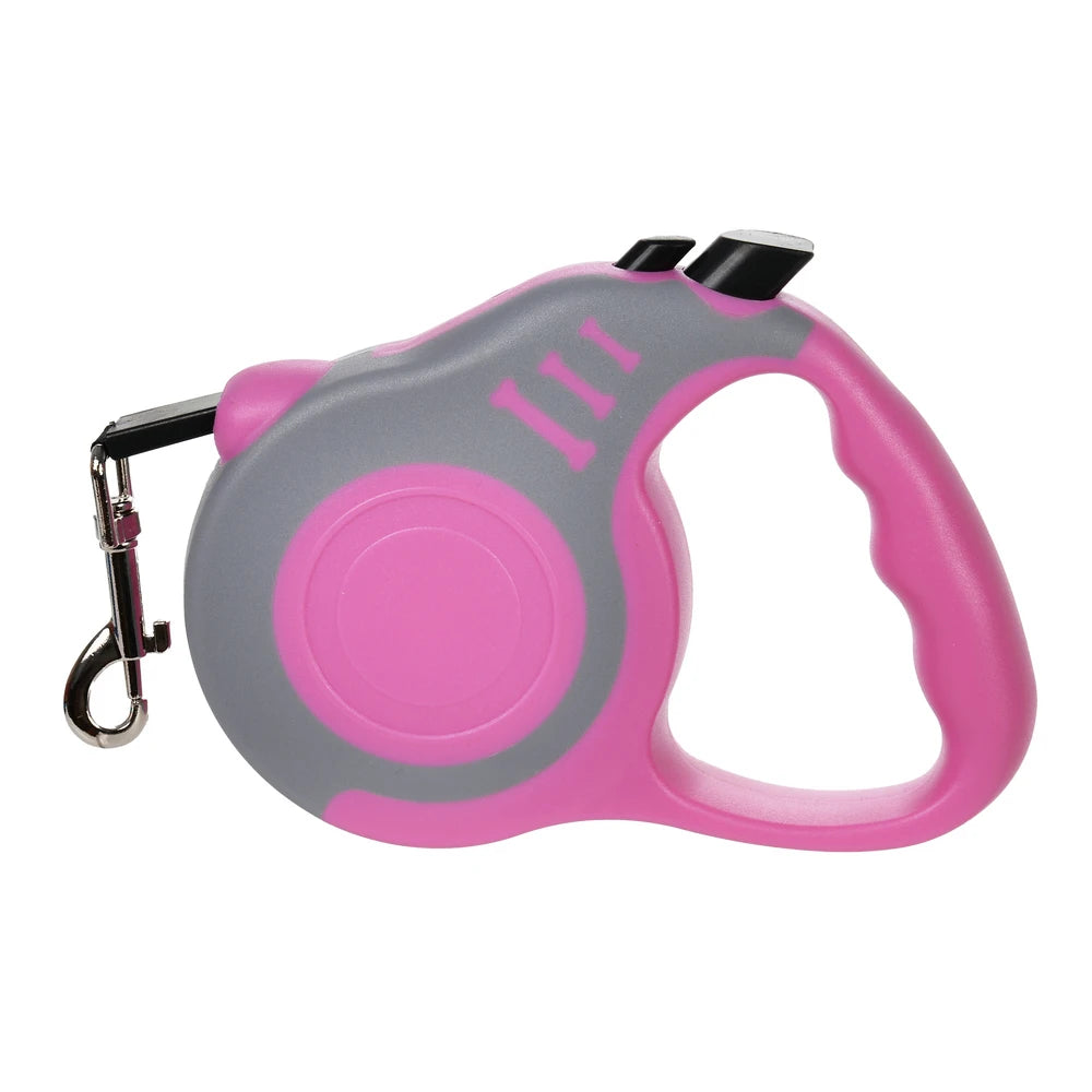 Pink and gray retractable dog leash on a white background