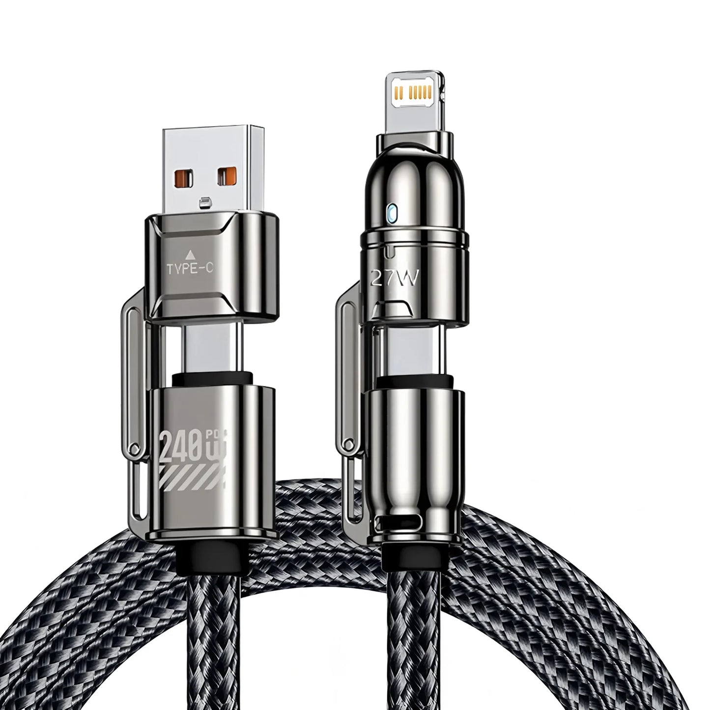 Multifunctional charging cable with USB-C, Lightning, and Type-C connectors on a white background.