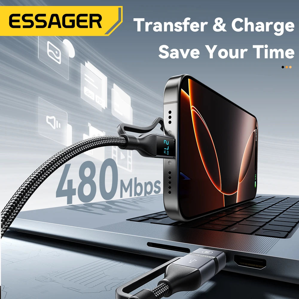 Charge & Monitor: Essager 100W USB-C Cable for iPhone, Macbook, iPad - Digital Display
