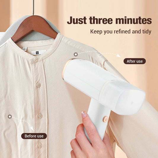 Beige shirt being steamed with a handheld steamer on a beige background