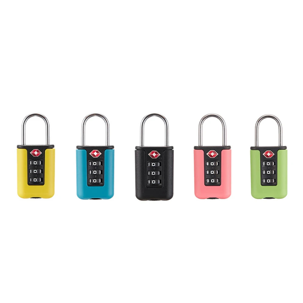 Five colorful combination locks on a white background