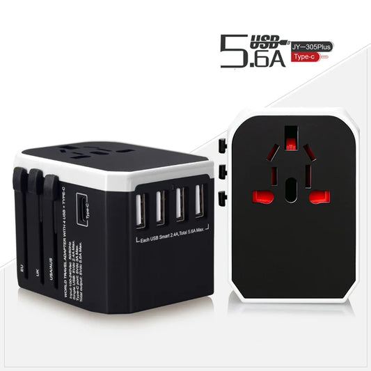 Black and white travel adapter with multiple USB ports on a white background