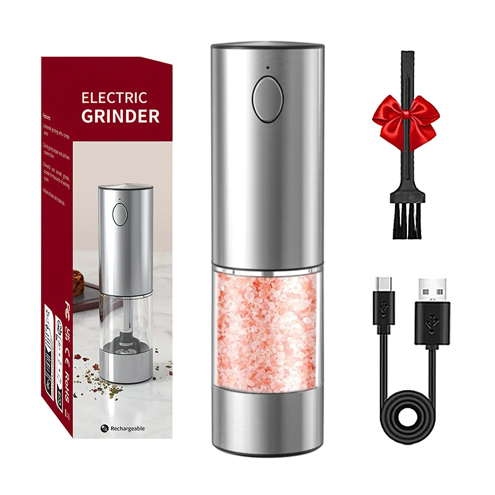 Electric grinder with packaging, charging cable, and additional accessories on a white background
