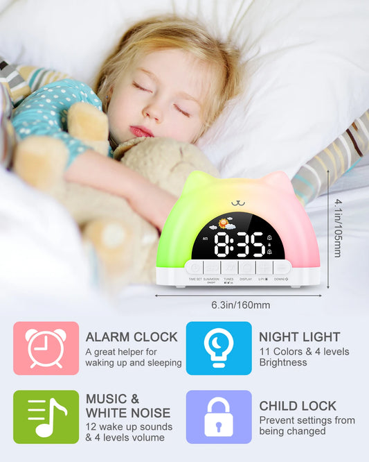 Child sleeping with a colorful alarm clock and night light in the foreground