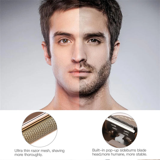 Close-up of a man's face with a split view showing before and after grooming, featuring razor mesh and pop-up sideburn blade technology.