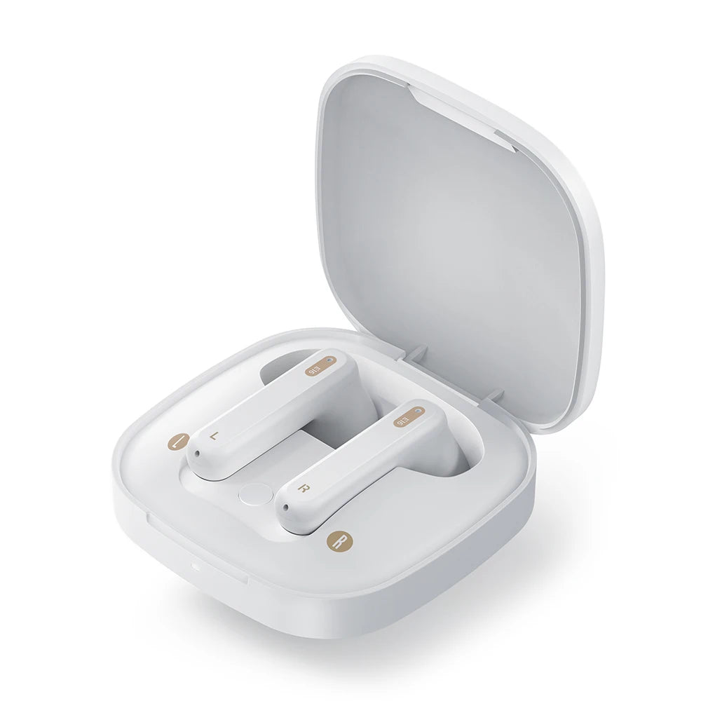White wireless earbuds in an open charging case on a white background