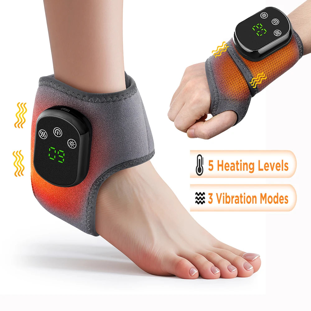 Heating and vibration device on foot and wrist with digital display and control buttons.