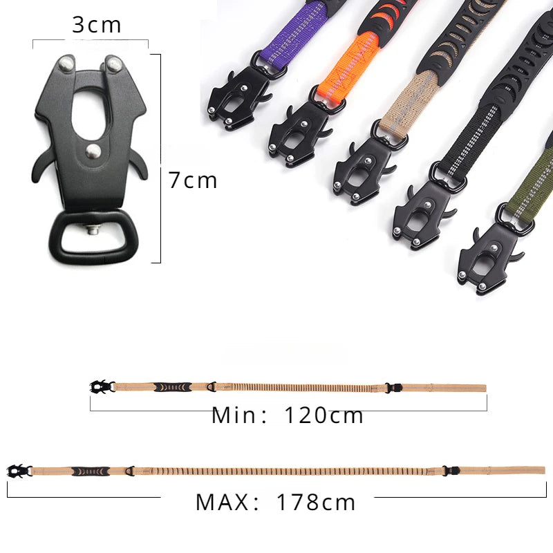 Heavy Duty Tactical Dog Leash with Bungee, Reflective Strips & Seat Belt Clips