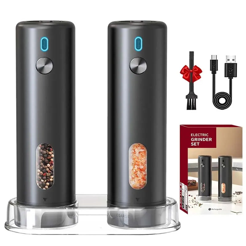 Electric pepper and salt grinder set with stand, additional grinder, USB cable, and packaging on a white background.
