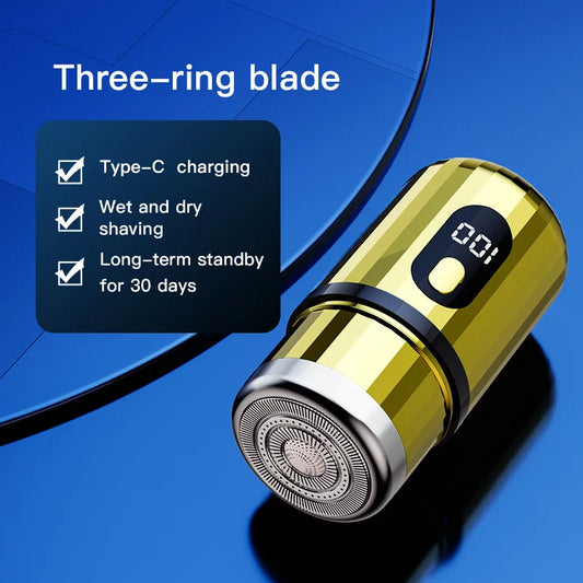 Gold electric shaver with charging cable on a blue background