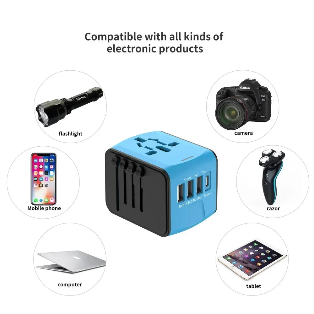 Blue and black electronic adapter with icons of compatible devices on a white background