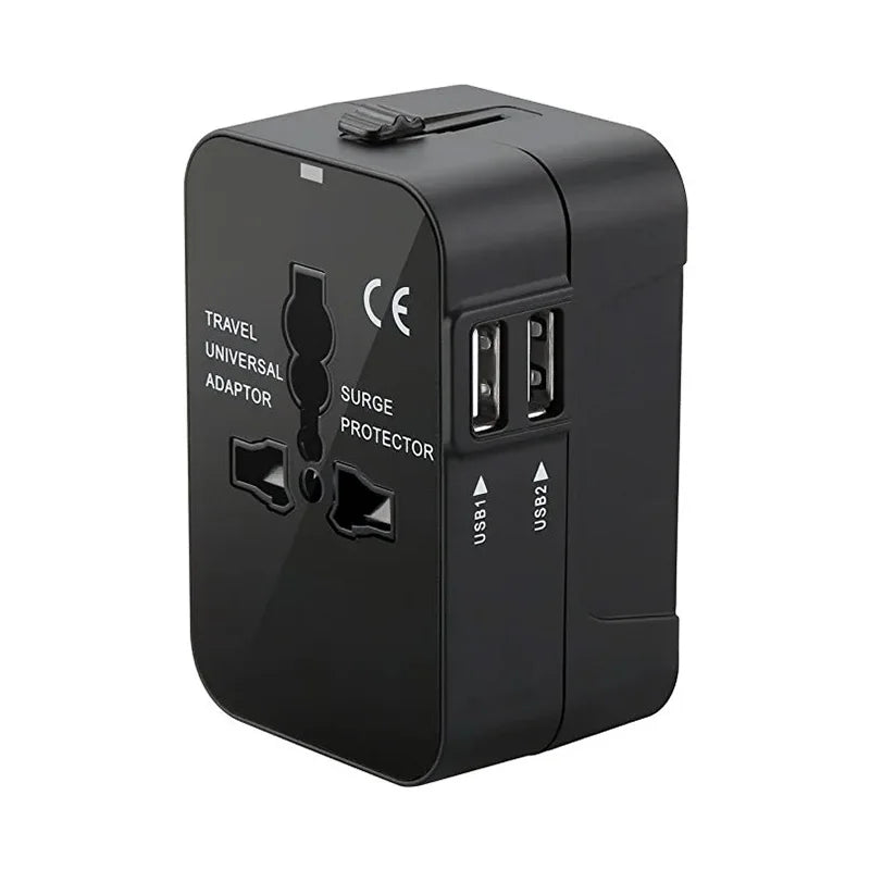 Black travel adapter with multiple ports on a white background