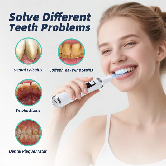 Woman using a dental cleaning device with images of teeth problems it can solve.