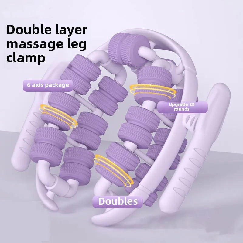 Purple massage leg clamp with text highlighting features on a light gray background