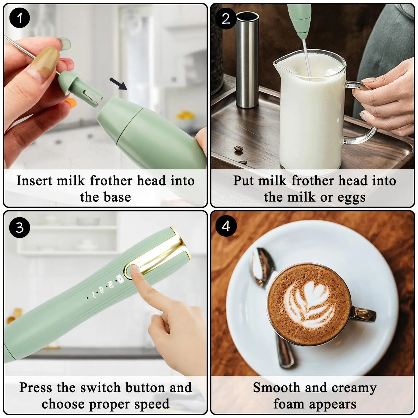 Step-by-step guide on using a milk frother for making latte art.