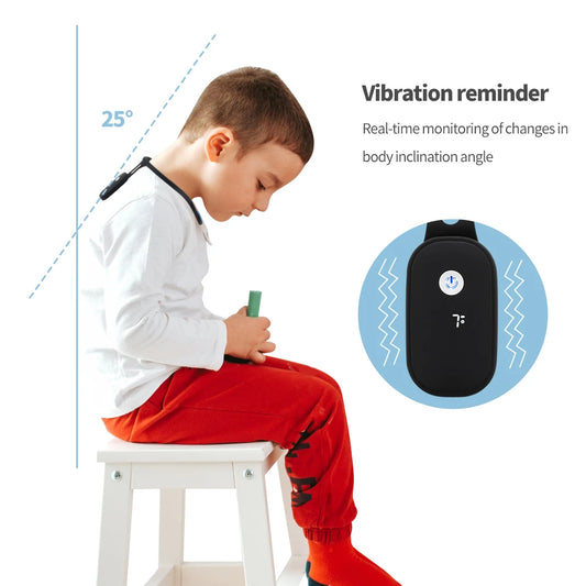 Child sitting on a stool with a device on their chair, indicating real-time monitoring of body inclination angle.