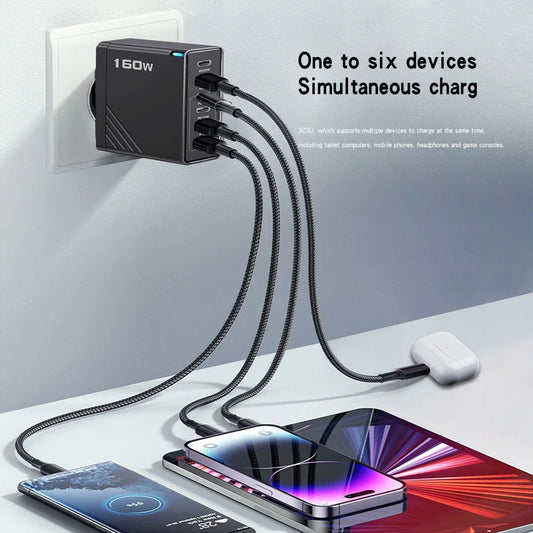 Multi-device charging adapter with multiple cables connected to smartphones on a light surface.