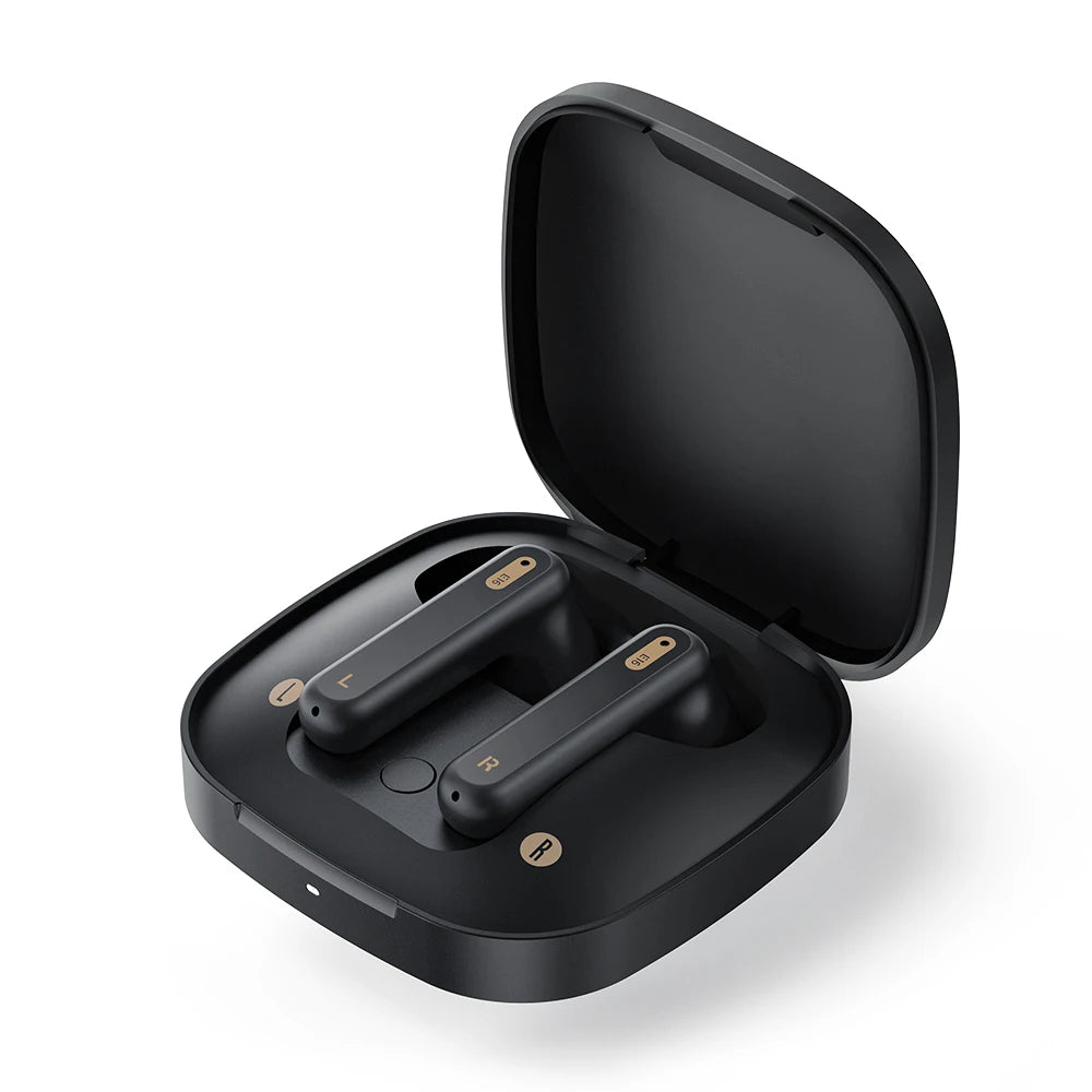 Black wireless earbuds in an open charging case on a white background