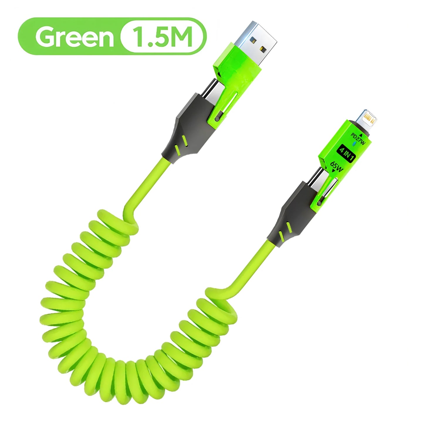 Green coiled cable with USB and Lightning connectors on a white background