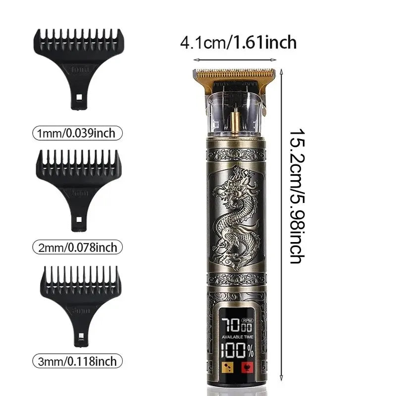 Hair trimmer with attachments and measurement details on a white background