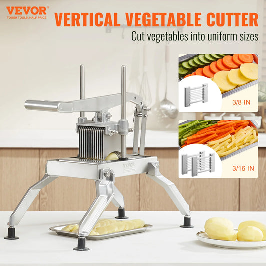 Vevor vertical vegetable cutter with sliced vegetables on a kitchen counter