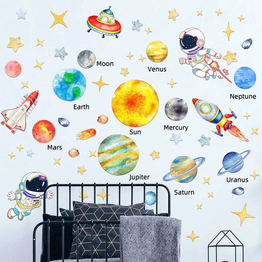 Children's room with space-themed wall decals including planets, stars, and astronauts.