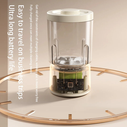 Tiny washing machine top on a reflective surface, text on the left.