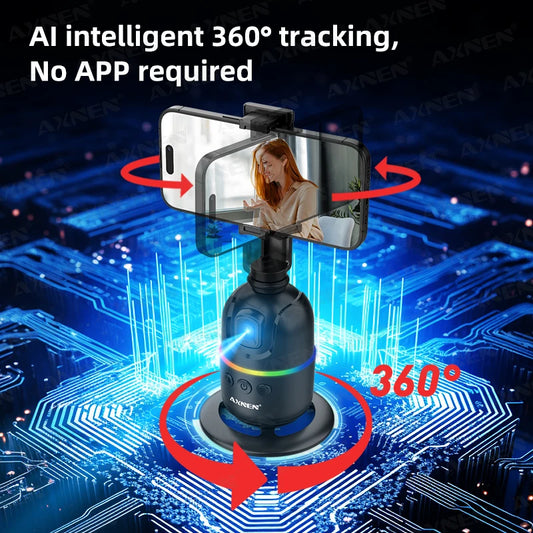 Smartphone holder with AI intelligent 360° tracking feature on a digital circuit board background.