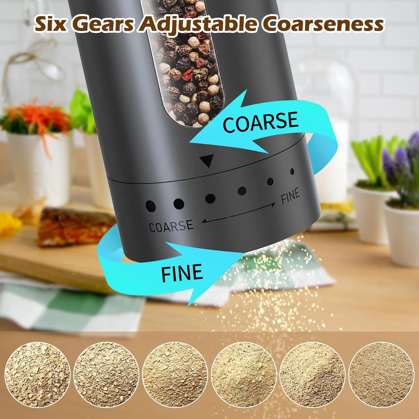 Pepper grinder with adjustable coarseness settings on a kitchen counter.
