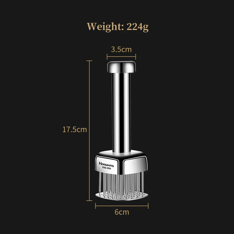 Metallic tool with dimensions and weight information on a black background
