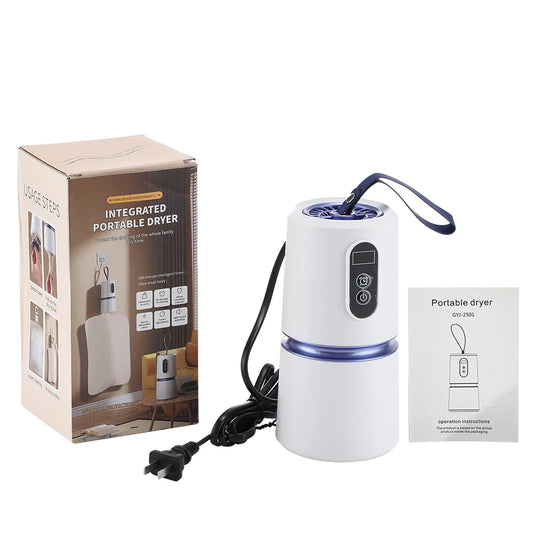 Portable dryer with packaging, power cord, and user manual on a white background