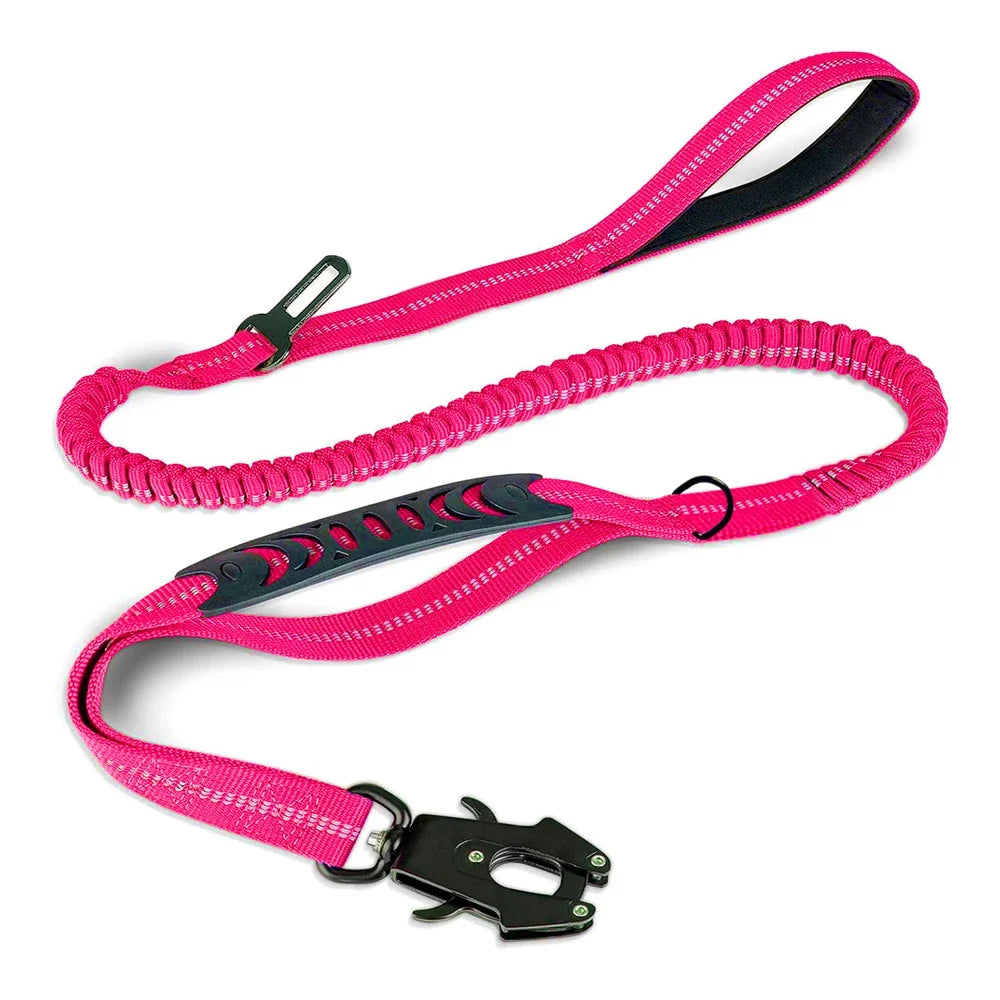 Pink dog leash with black clip on a white background
